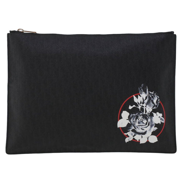 CHRISTIAN Top quality Dior Rose Clutch Bag PVC Leather Black Auth ki3038