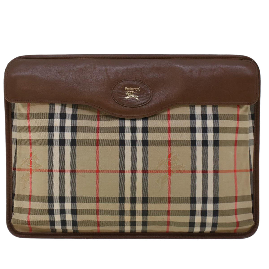 BurberrySs Nova Check Clutch Bag Nylon Leather Beige Auth ki3144