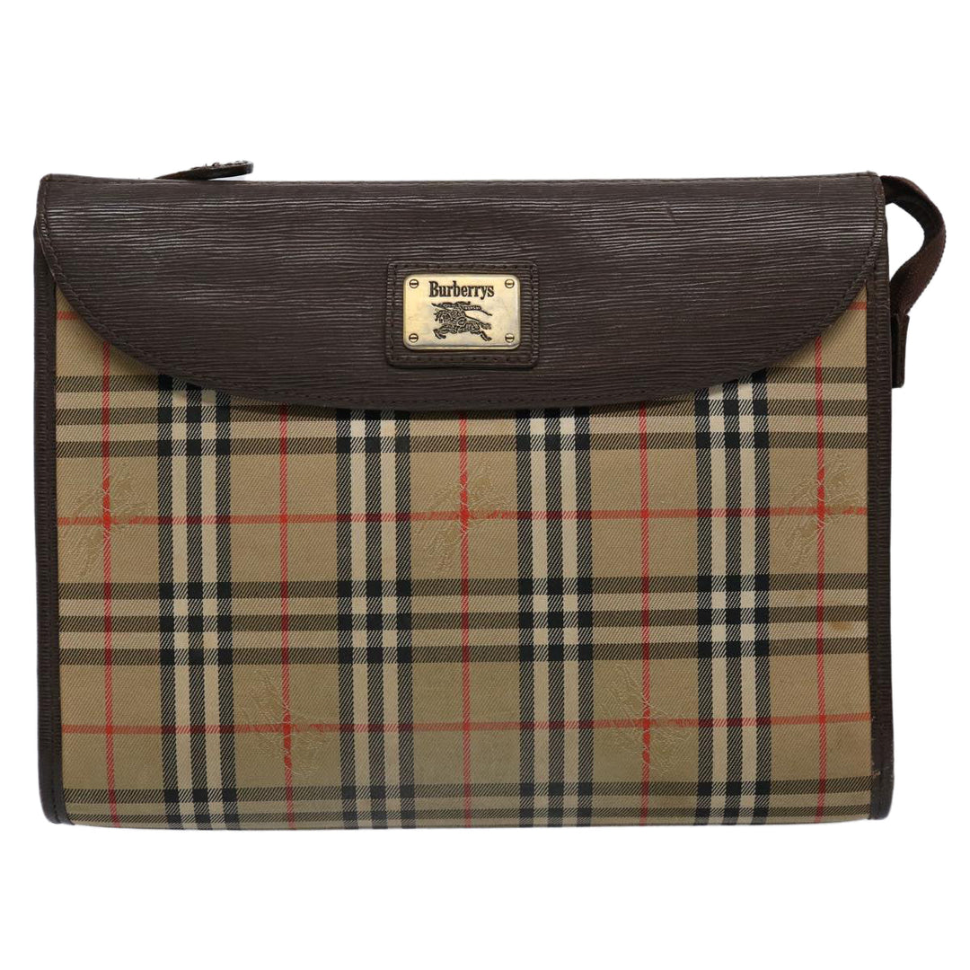 BurberrySs Nova Check Clutch Bag Nylon Canvas Brown Auth ki3865