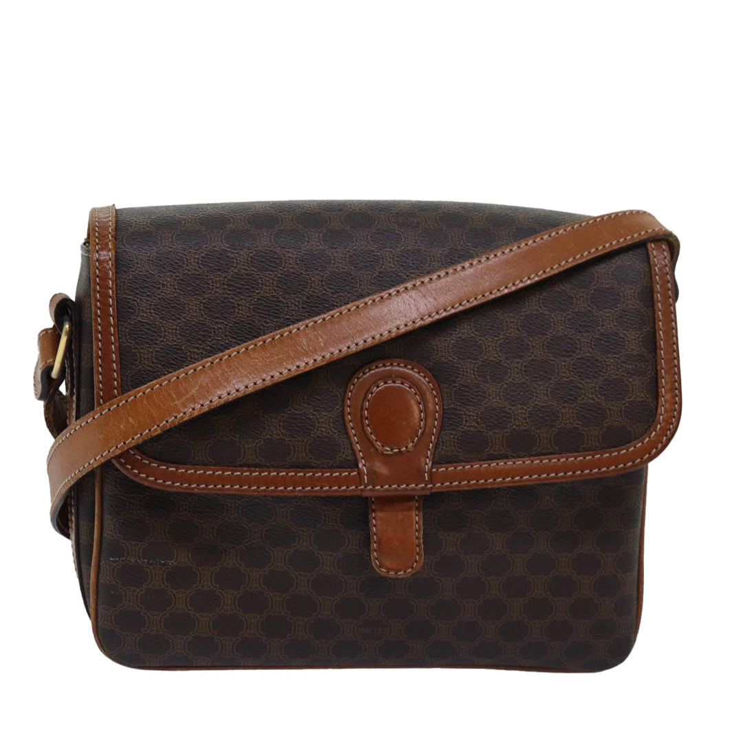 Celine Macadam Canvas Shoulder Bag PVC Leather Brown Auth ki4579