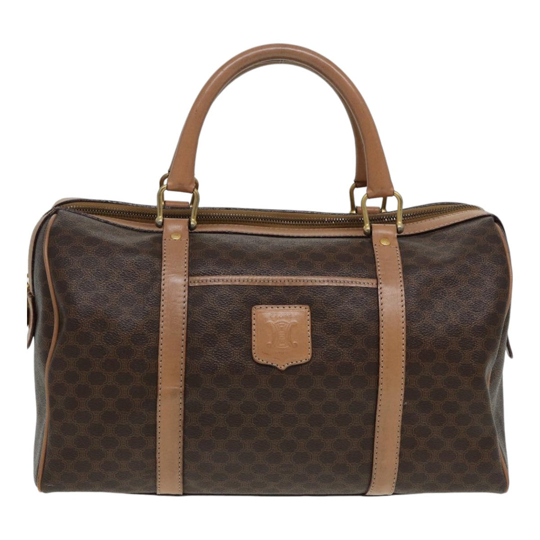 Celine Macadam Canvas Boston Bag PVC Leather Brown Gold Auth ki4701