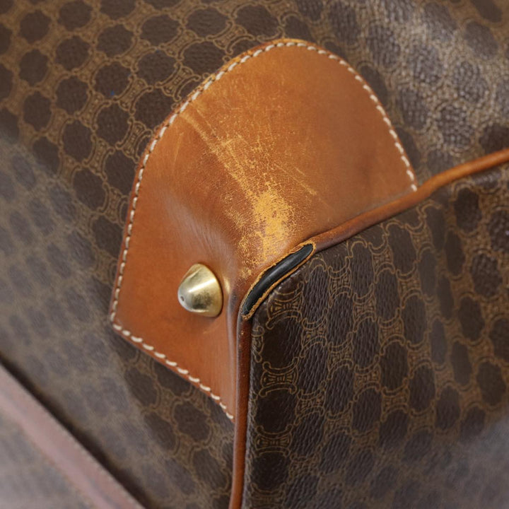 Celine Macadam Canvas Boston Bag PVC Leather Brown Gold Auth ki4820