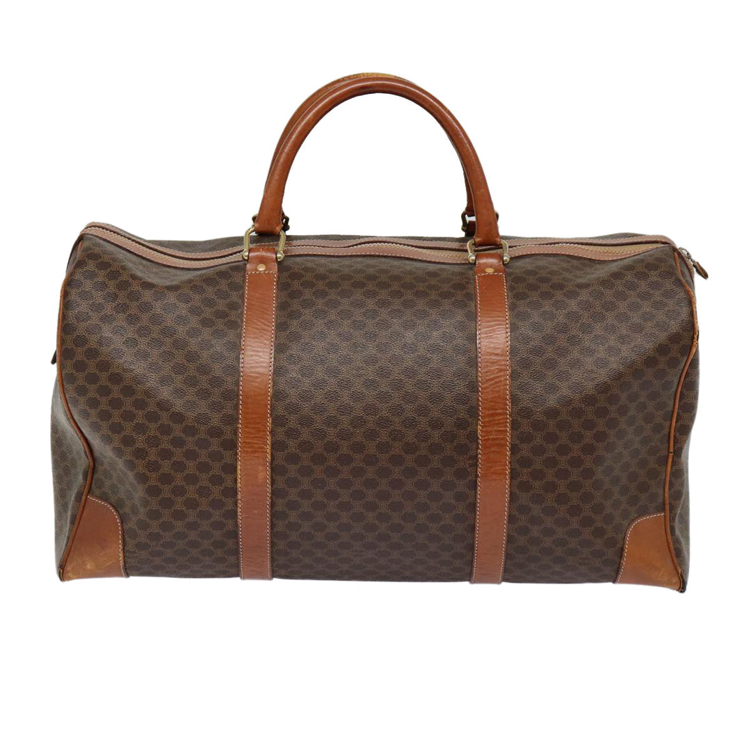 Celine Macadam Canvas Boston Bag PVC Leather Brown Gold Auth ki4820