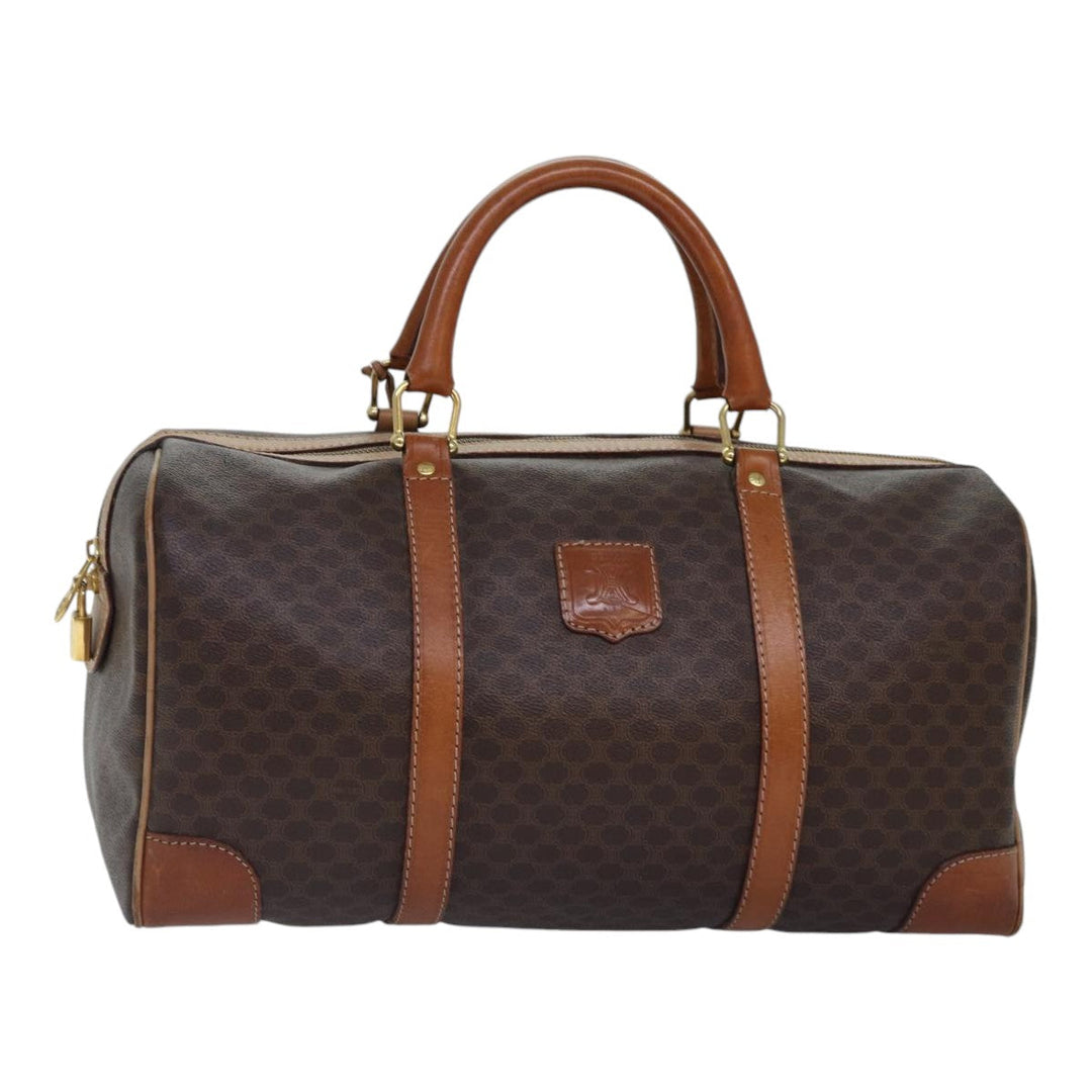 Celine Macadam Canvas Boston Bag PVC Leather Brown Gold Auth ki4891