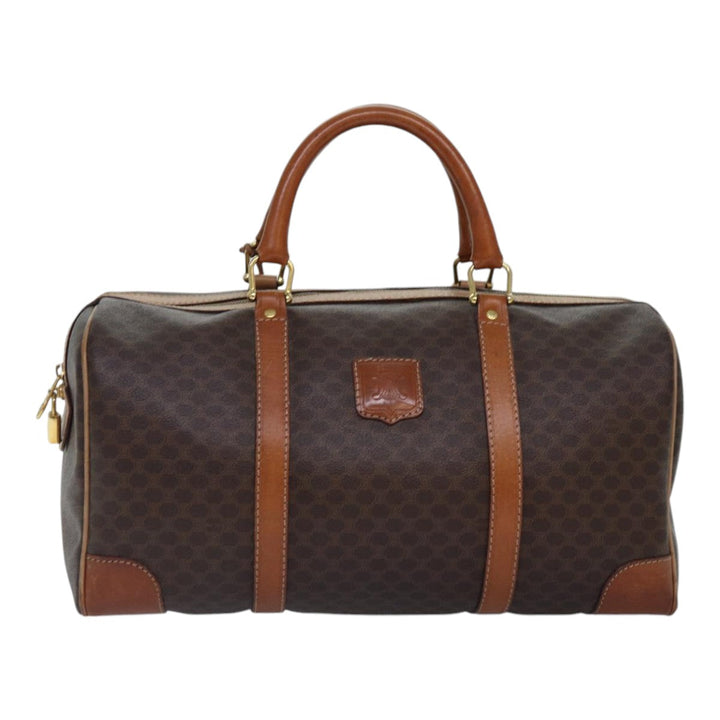 Celine Macadam Canvas Boston Bag PVC Leather Brown Gold Auth ki4891