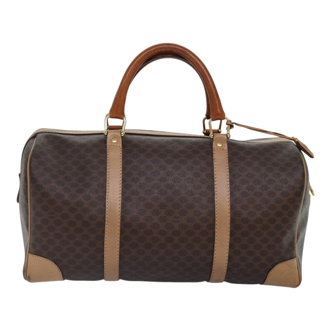 Celine Macadam Canvas Boston Bag PVC Leather Brown Gold Auth ki4891
