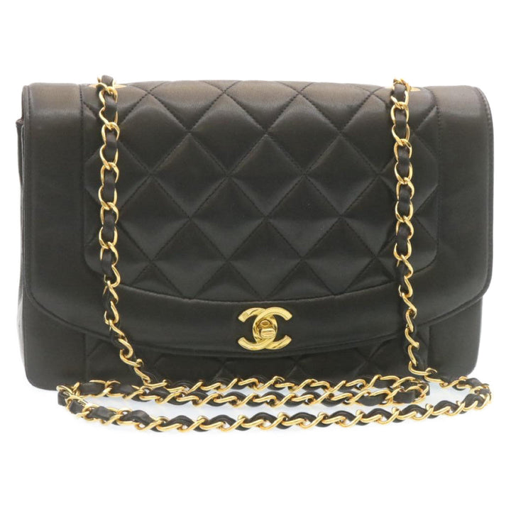 Top Quality Chanel Chain Turn Lock Diana Matelasse Shoulder Bag Lamb Skin Black Auth knn076