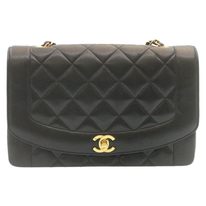 Top Quality Chanel Chain Turn Lock Diana Matelasse Shoulder Bag Lamb Skin Black Auth knn076