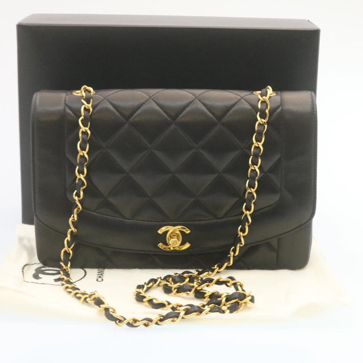 Top Quality Chanel Chain Turn Lock Diana Matelasse Shoulder Bag Lamb Skin Black Auth knn076