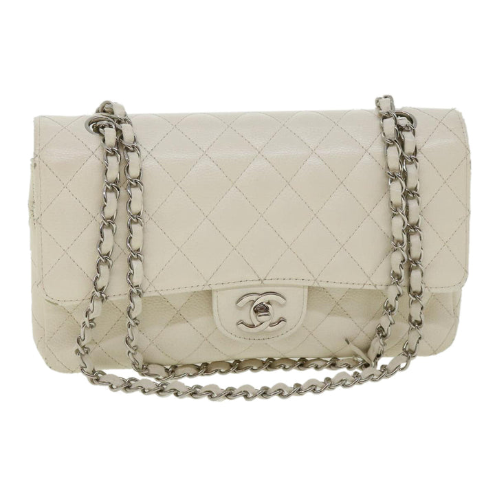 Chanel Matelasse Double New Chain Shoulder Bag Caviar Skin White CC Auth knn085