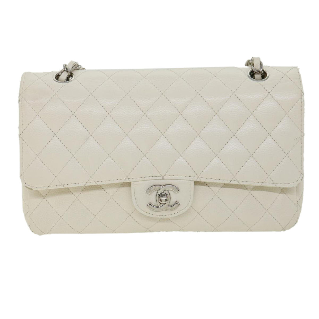 Chanel Matelasse Double New Chain Shoulder Bag Caviar Skin White CC Auth knn085