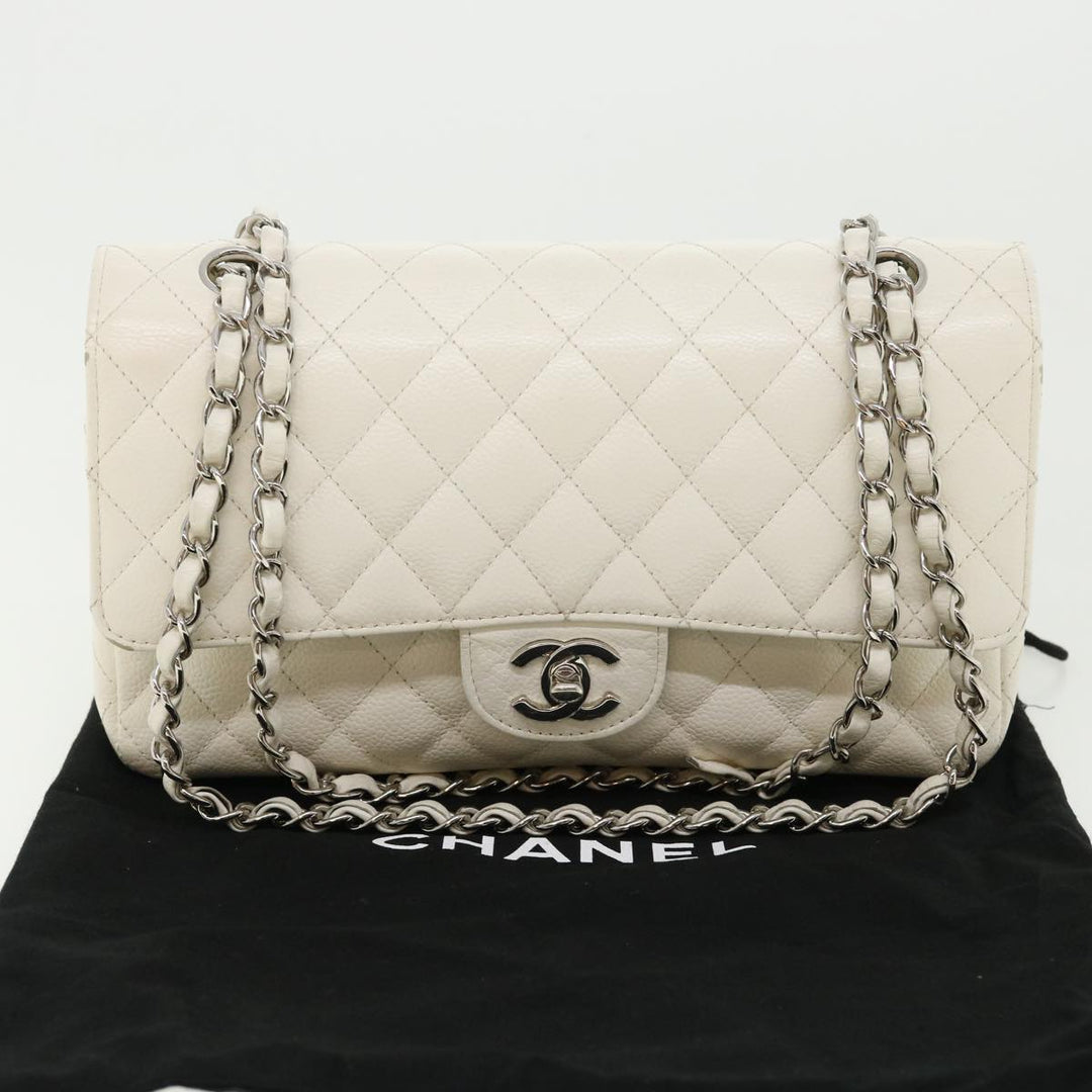 Chanel Matelasse Double New Chain Shoulder Bag Caviar Skin White CC Auth knn085
