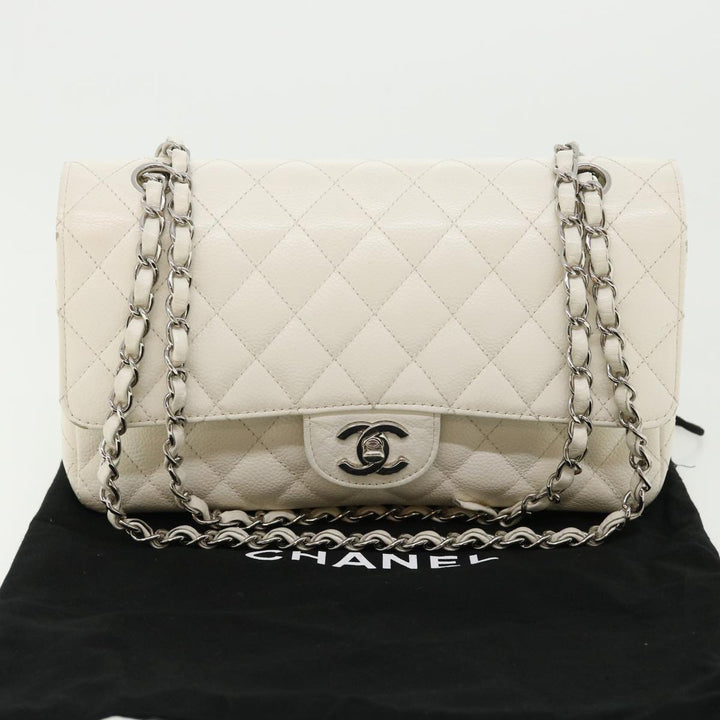 Chanel Matelasse Double New Chain Shoulder Bag Caviar Skin White CC Auth knn085