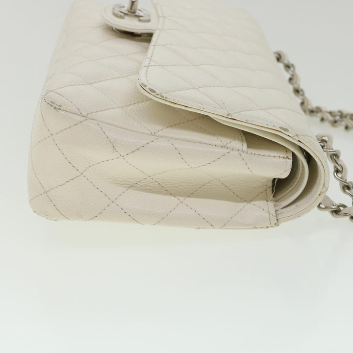 Chanel Matelasse Double New Chain Shoulder Bag Caviar Skin White CC Auth knn085