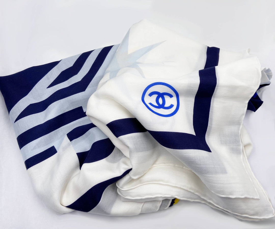 Chanel Brand New La Pausa Cruise Ship Ivory Blue Large Shawl Scarf