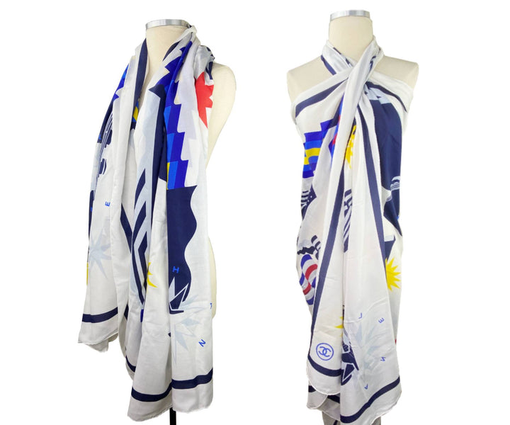 Chanel Brand New La Pausa Cruise Ship Ivory Blue Large Shawl Scarf