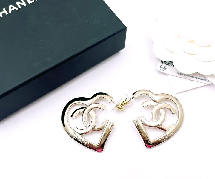 Chanel Brand New Light Gold Open Heart Large Piercing Earrings