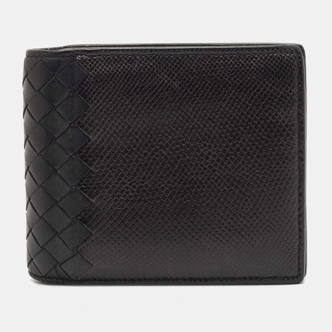 Bottega veneta Black Intrecciato Karung and Leather Bifold Wallet