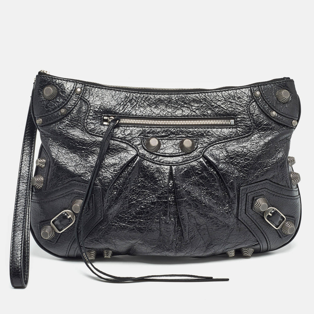 Top Quality Balenciaga Black Leather SGH Flat Wristlet Clutch