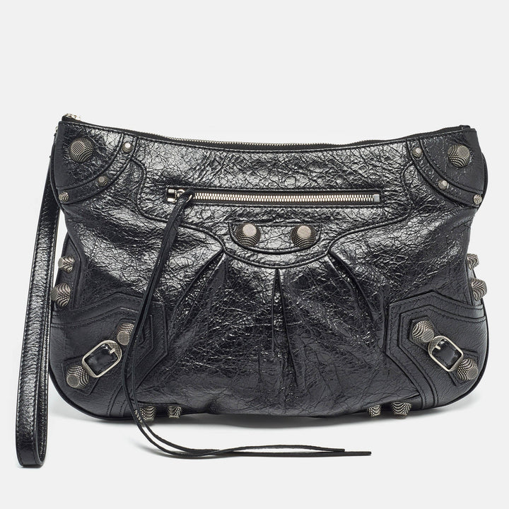 Top Quality Balenciaga Black Leather SGH Flat Wristlet Clutch