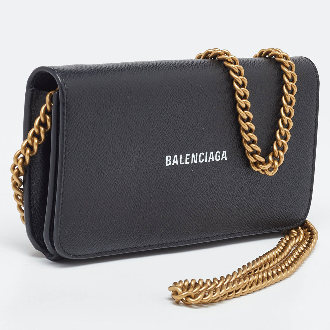 Top Quality Balenciaga Black Leather Everyday Wallet on Chain