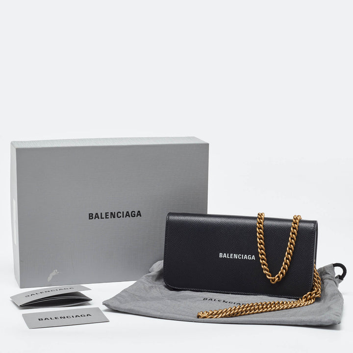 Top Quality Balenciaga Black Leather Everyday Wallet on Chain