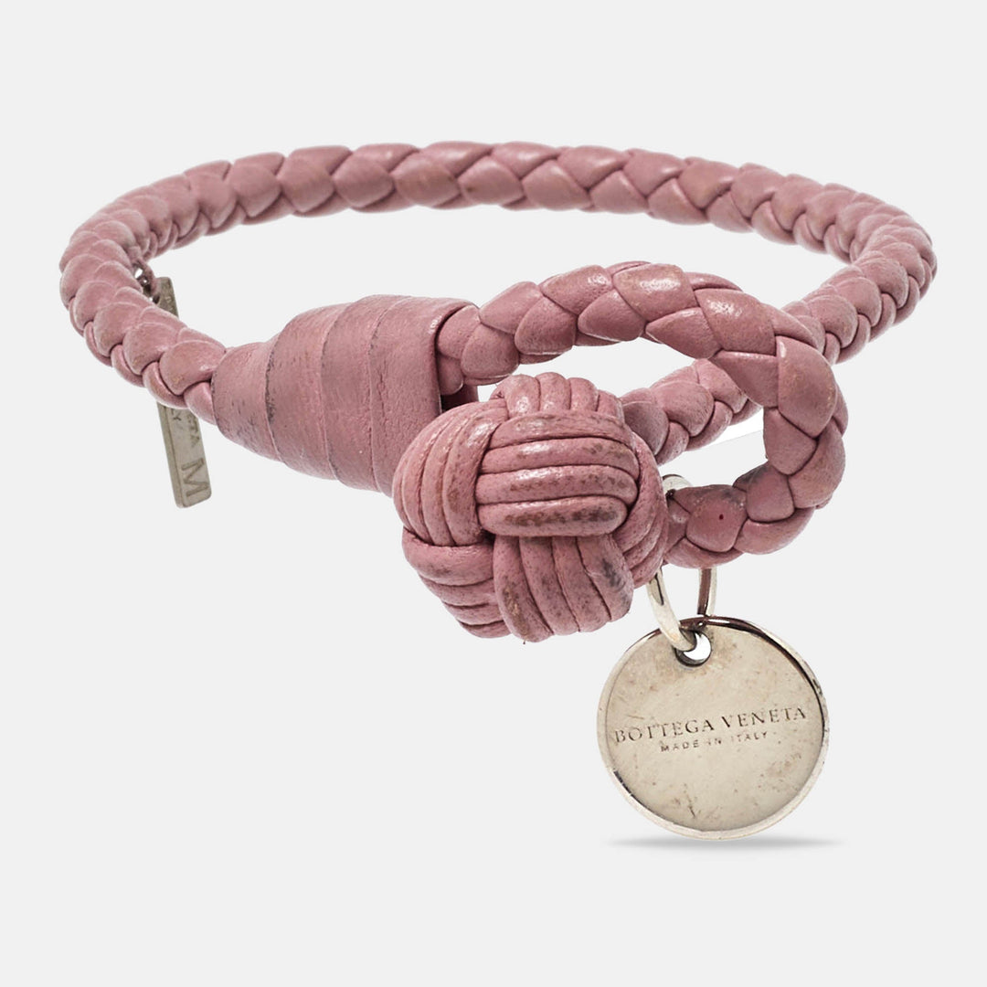 Bottega veneta Intrecciato Leather Silver Tone Bracelet