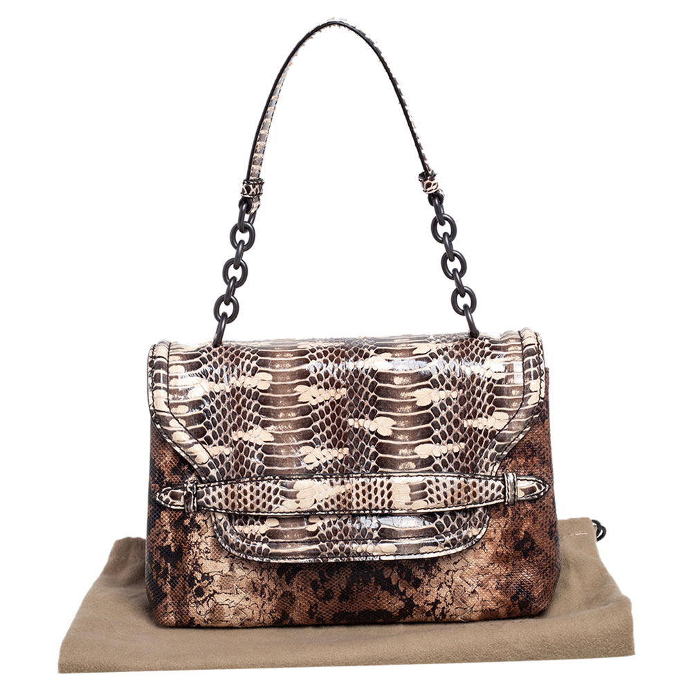 Bottega veneta Brown Intrecciato Karung and Watersnake Detail Flap Shoulder Bag
