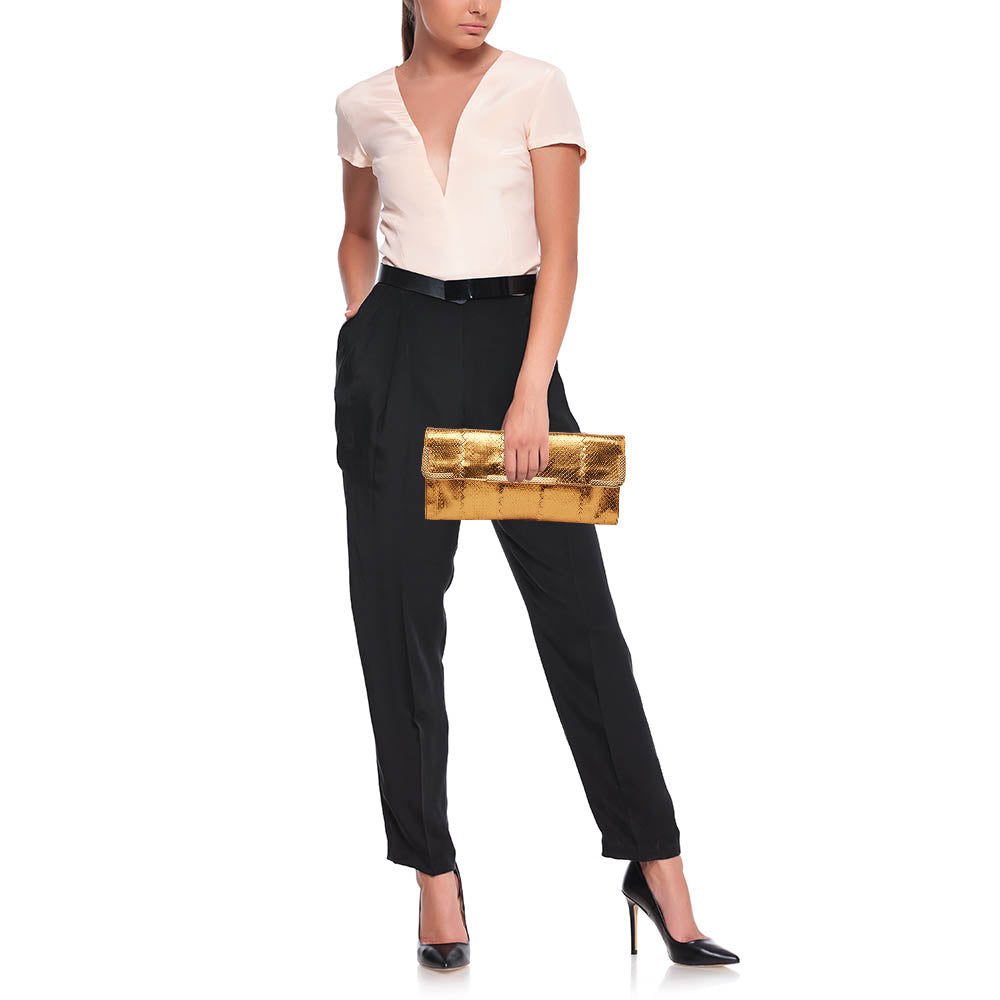 Bottega veneta Gold Intrecciato Leather Frame Wristlet Clutch