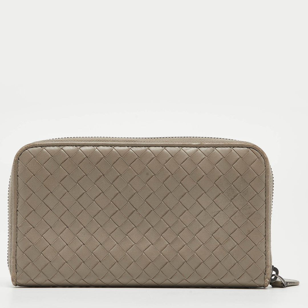 Bottega veneta Grey Intrecciato Leather Zip Around Wallet