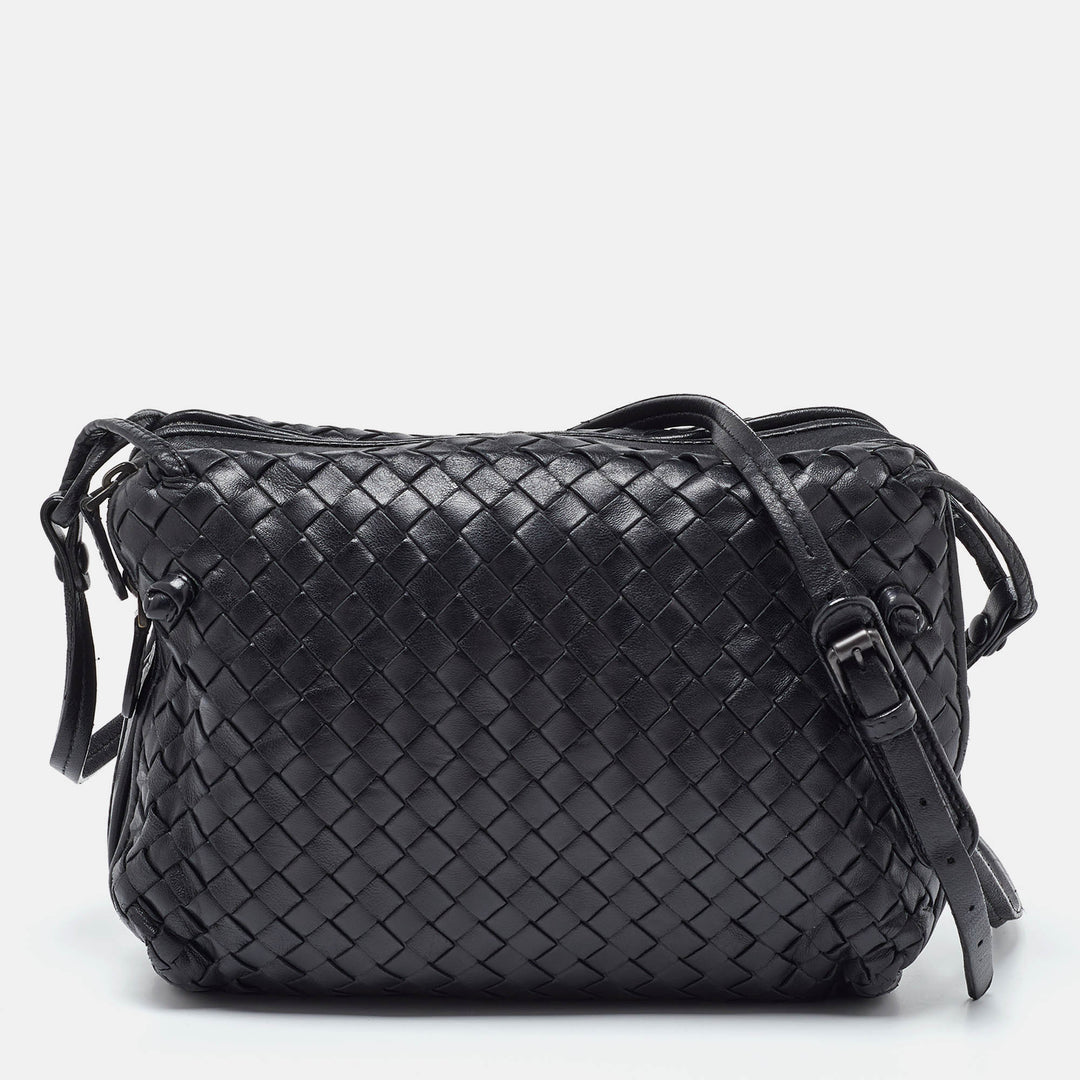 Bottega veneta Black Intrecciato Leather Nodini Double Zip Crossbody Bag
