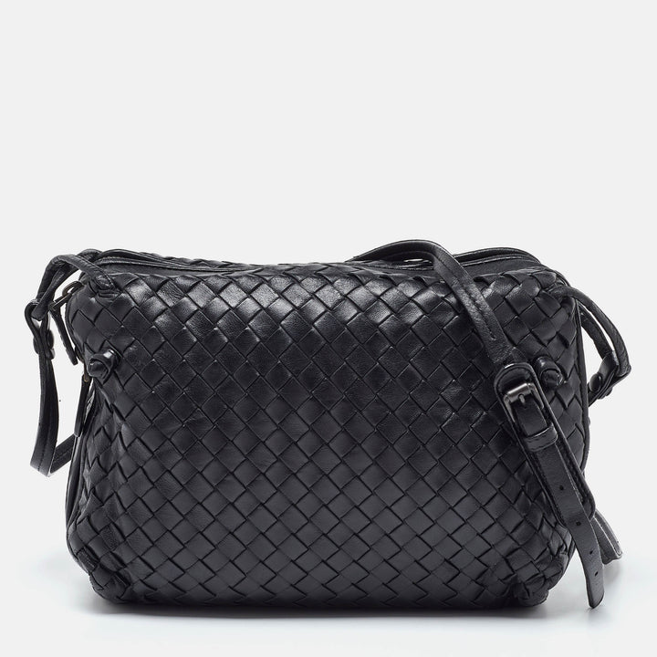 Bottega veneta Black Intrecciato Leather Nodini Double Zip Crossbody Bag