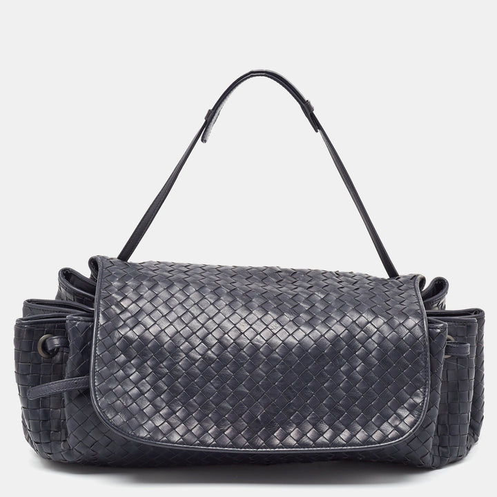 Bottega veneta Navy Blue Intrecciato Leather Drawstring Flap Bag