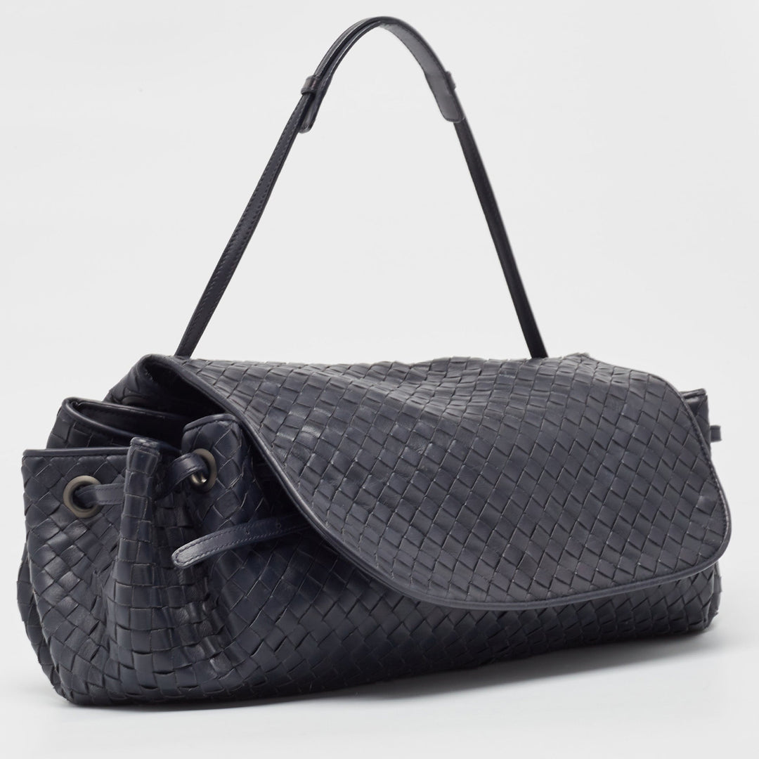 Bottega veneta Navy Blue Intrecciato Leather Drawstring Flap Bag