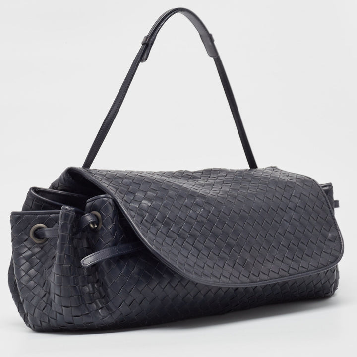 Bottega veneta Navy Blue Intrecciato Leather Drawstring Flap Bag