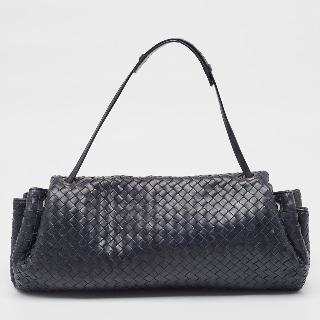 Bottega veneta Navy Blue Intrecciato Leather Drawstring Flap Bag