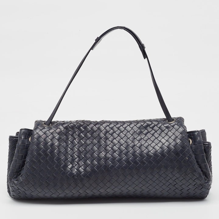 Bottega veneta Navy Blue Intrecciato Leather Drawstring Flap Bag