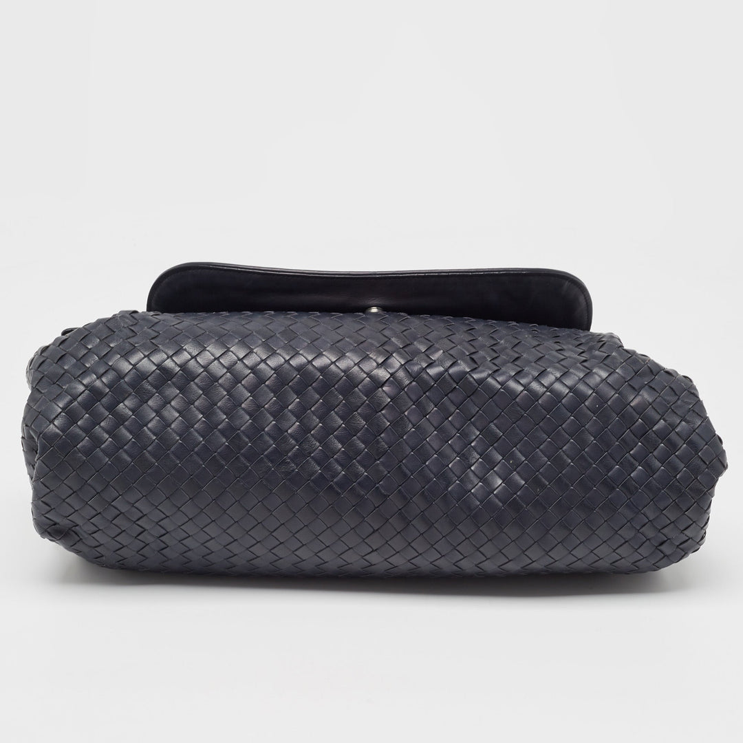 Bottega veneta Navy Blue Intrecciato Leather Drawstring Flap Bag