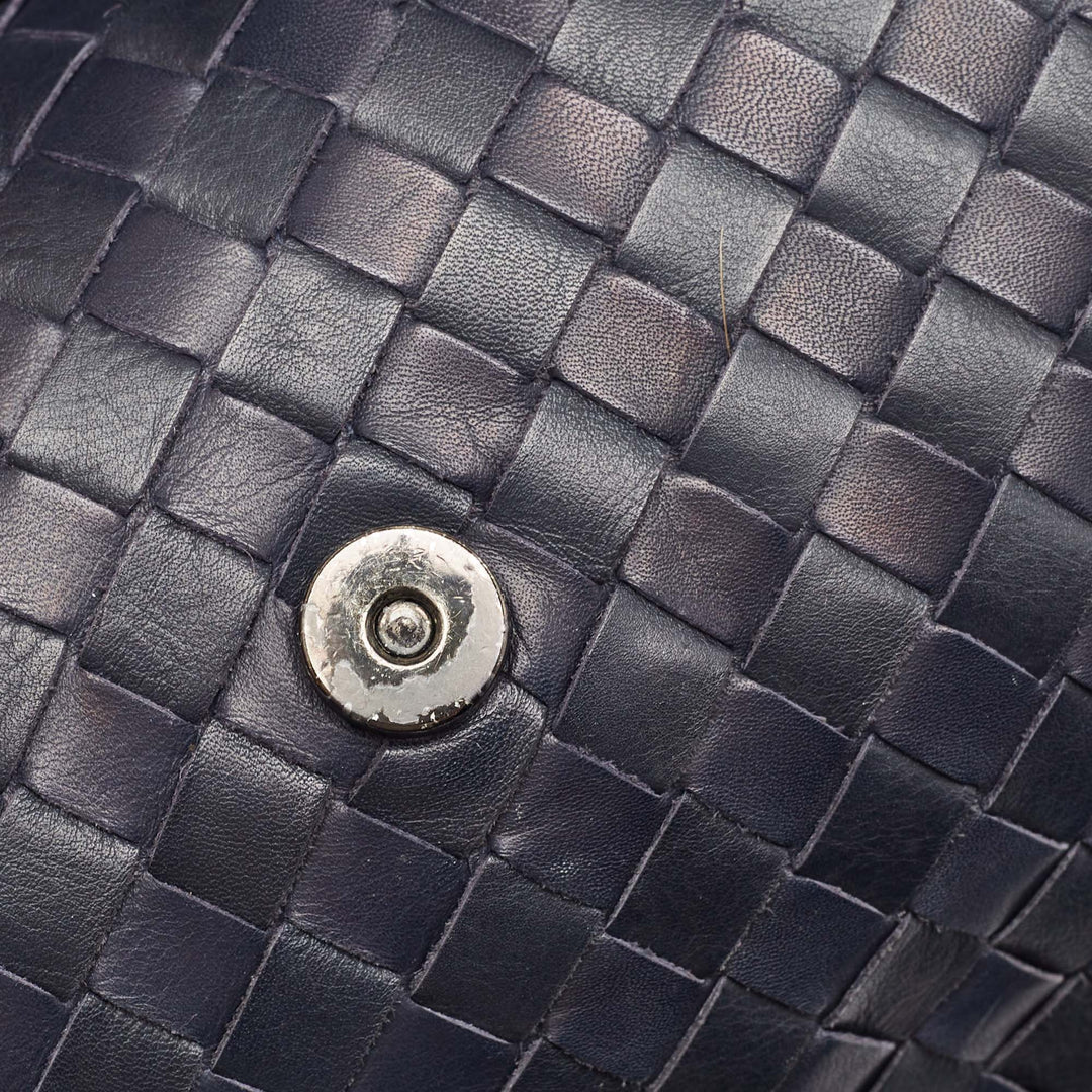 Bottega veneta Navy Blue Intrecciato Leather Drawstring Flap Bag