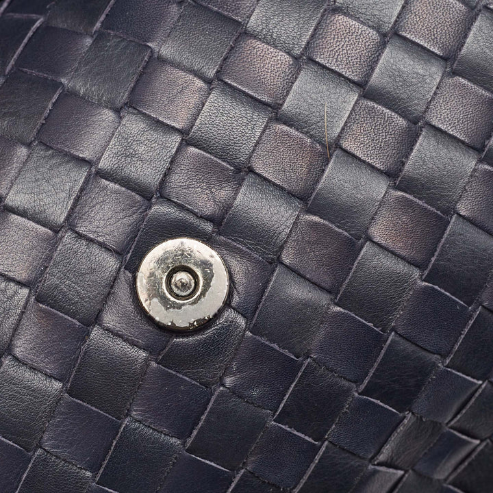Bottega veneta Navy Blue Intrecciato Leather Drawstring Flap Bag