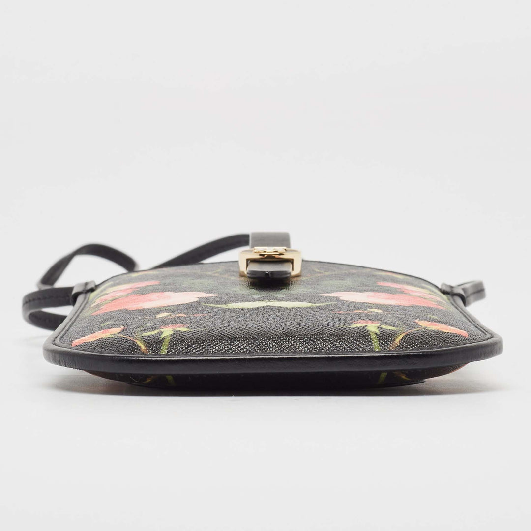 Burberry Black Floral Print Coated Canvas Anne Phone Pouch with Strap