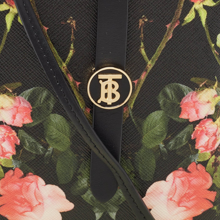 Top Quality Burberry Black Floral Print Coated Canvas Anne Phone Pouch with Strap