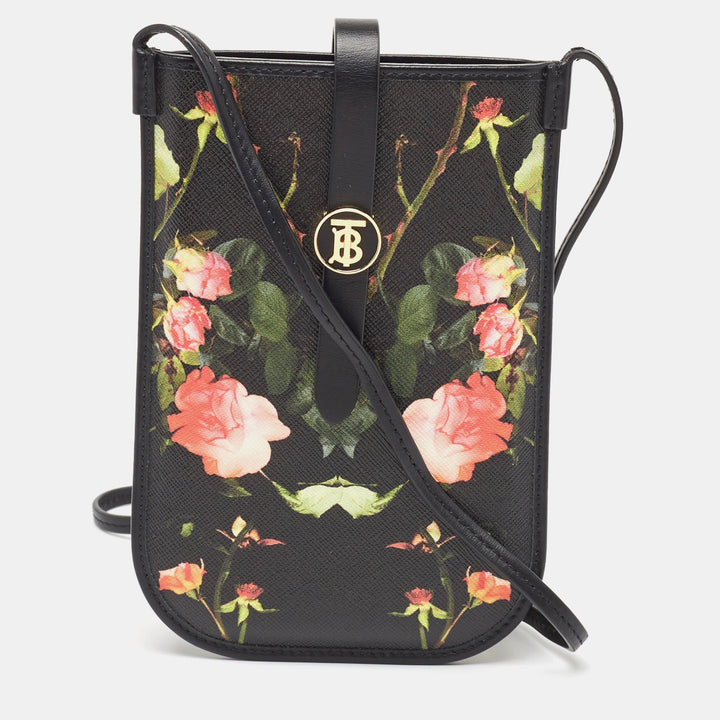 Top Quality Burberry Black Floral Print Coated Canvas Anne Phone Pouch with Strap