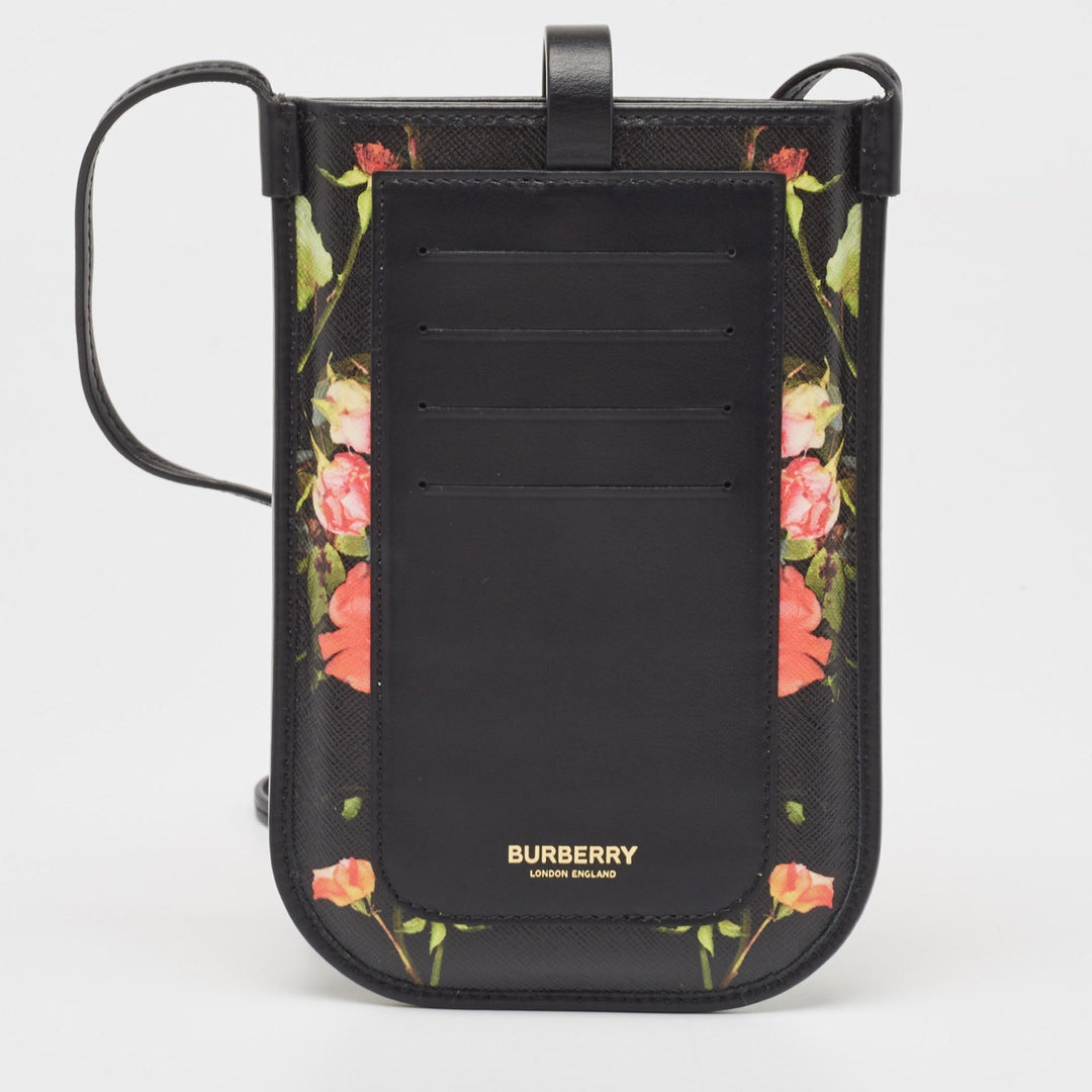 Burberry Black Floral Print Coated Canvas Anne Phone Pouch with Strap