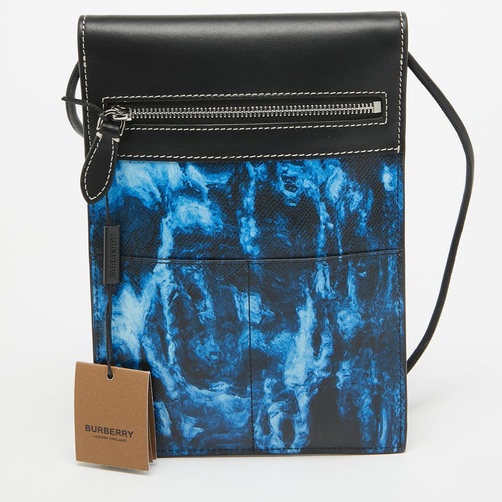 Burberry Blue/Black Water Camo Print Leather Pocket Phone Pouch Crossbody Bag