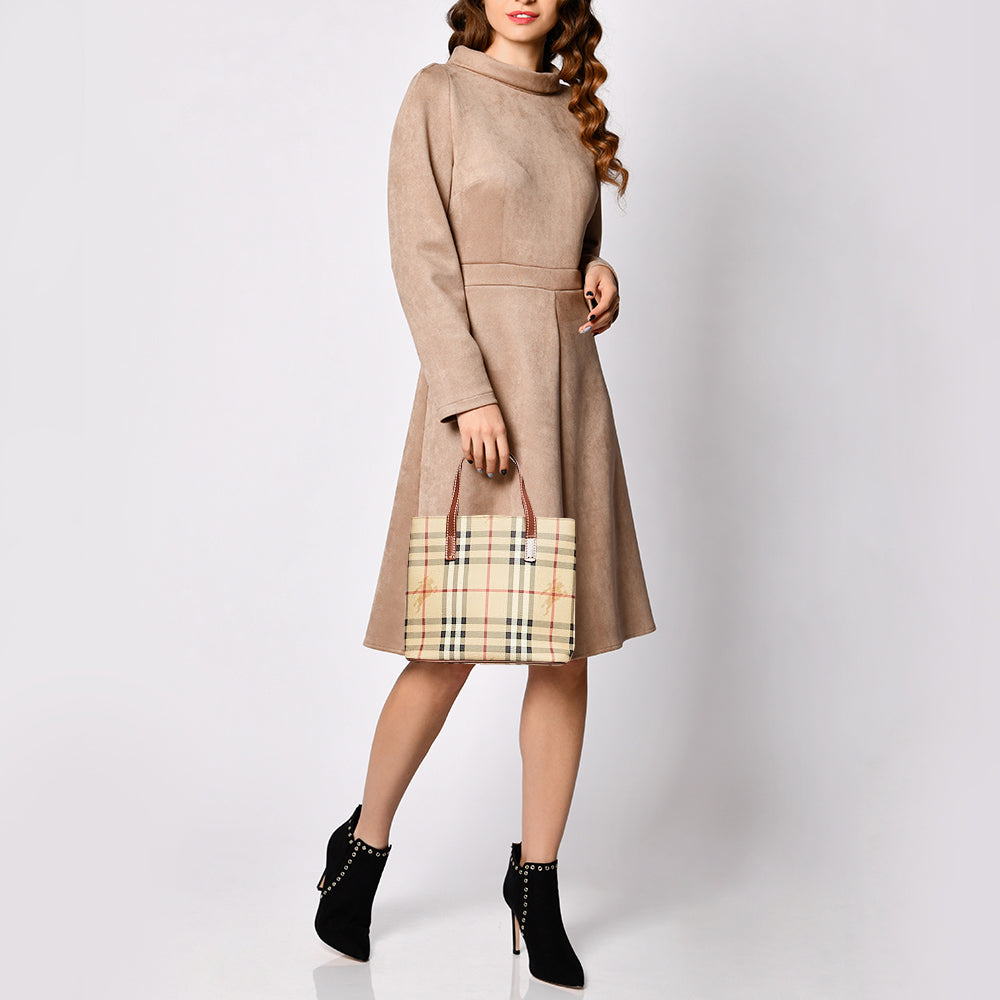 BURBERRY Brown/Beige Haymarket Check Coated Canvas Mini Tote