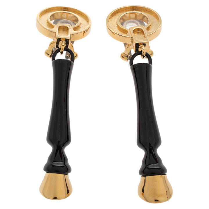 Burberry Light Gold Plated Black Hoof Drop Clip On Earrings