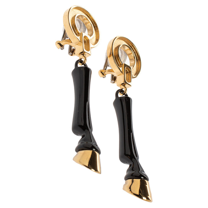 Burberry Light Gold Plated Black Hoof Drop Clip On Earrings