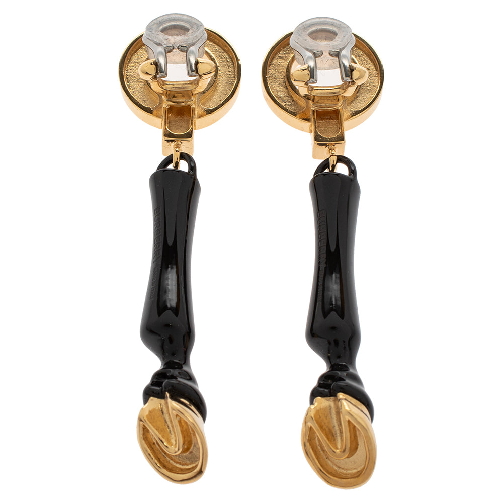 Burberry Light Gold Plated Black Hoof Drop Clip On Earrings