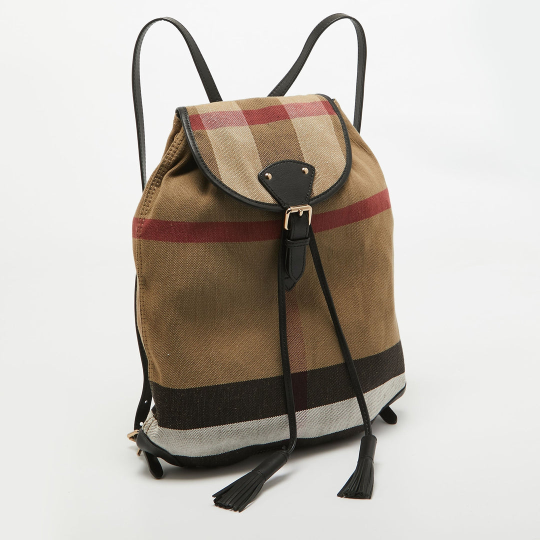 BURBERRY Black/Beige Mega Check Canvas and Leather Drawstring Flap Backpack